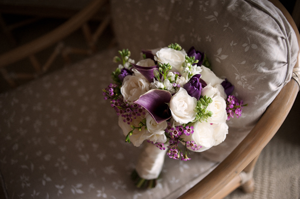 purple and white bouquet on chair - Honolulu destination wedding photo by top Hawaiian wedding photographer Derek Wong