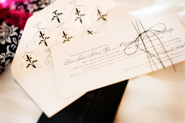 invitation detail, ivory with black design - real wedding photo by Seattle photographers GH Kim Photography