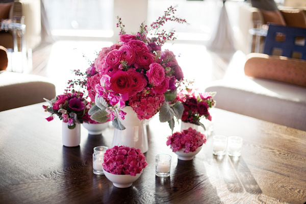pink rose and hydrangea centerpiece with dusty miller - wedding photo by Melissa Jill Photography