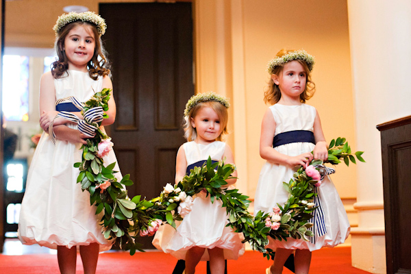 Flowergirls wearing baby's breath head wreath and carrying garland | Photo by Ann Wade Parrish Photography and Arden Photography