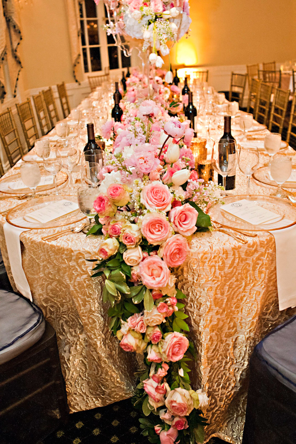 Pink rose garland for long table at wedding reception at The Mountain Brook Club, Birmingham, Alabama | Photo by Ann Wade Parrish Photography and Arden Photography
