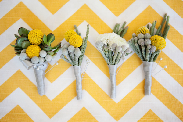 Modern yellow and gray boutonnieres for sunny summer wedding - Photo by April Smith & Co.