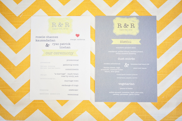Modern and creative yellow, white and gray wedding program and menu - Photo by April Smith & Co.