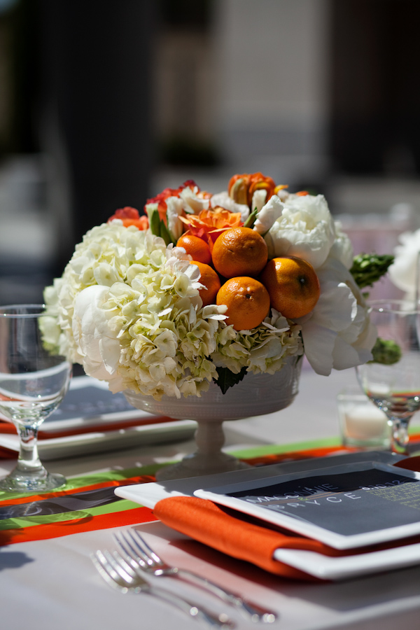 Orange and floral wedding reception centerpiece - Citrus Colored Wedding Decor Photo Shoot by Cadence Cornelius Photographs 