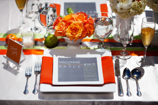 Orange, gray and lime wedding reception table decor - Citrus Colored Wedding Decor Photo Shoot by Cadence Cornelius Photographs 