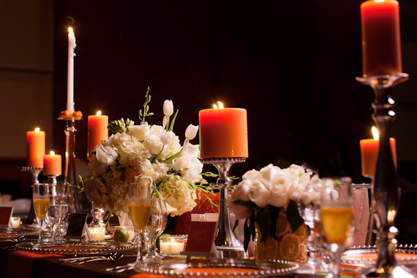 Romantic candlelit wedding reception seating arrangement - Citrus Colored Wedding Decor Photo Shoot by Cadence Cornelius Photographs 