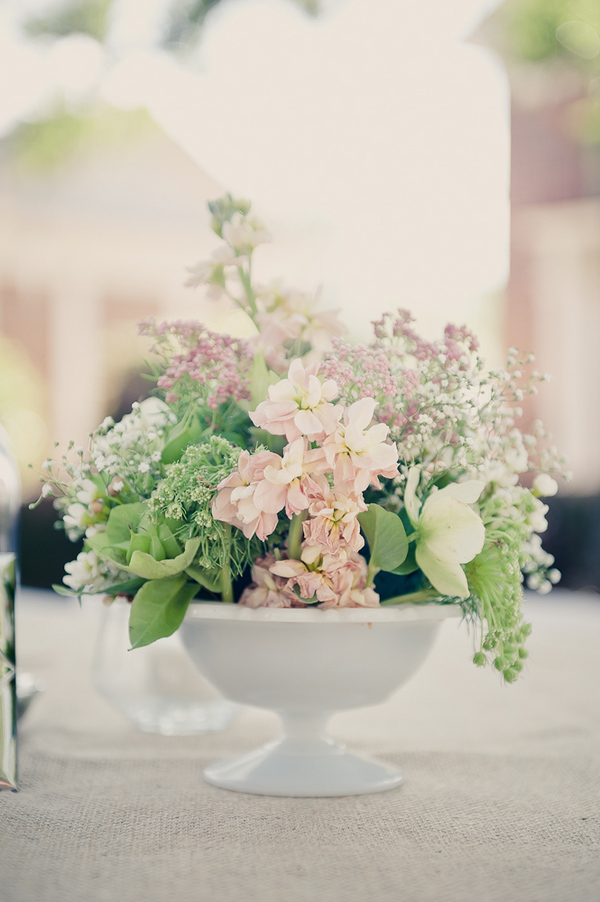Pink, green, and white vintage-style floral wedding centerpiece - Wedding Photo by Elizabeth Davis