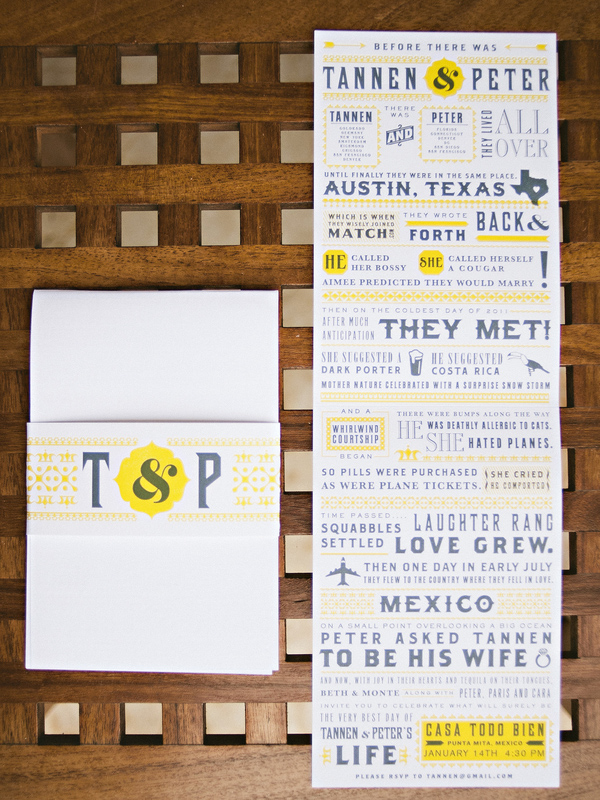 Bright and playful gray and yellow wedding invitations for Mexico destination wedding - Photo by Jillian Mitchell