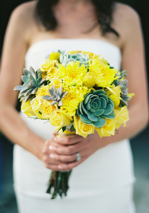 Cheerful bright yellow and sage green bridal bouquet - Photo by Jillian Mitchell
