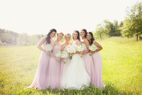 Portrait of bridesmaids in pale pink dresses with the bride - Photo by The Schultzes