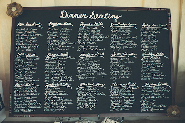 Rustic chalkboard dinner seating chart - Photo by The Schultzes