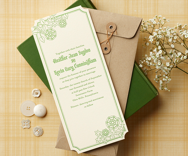 Green and ivory rectangular wedding invitation by Curious & Company Invitations