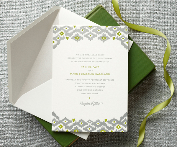 Gray and olive green wedding invitation featuring diamond design by Curious & Company Invitations