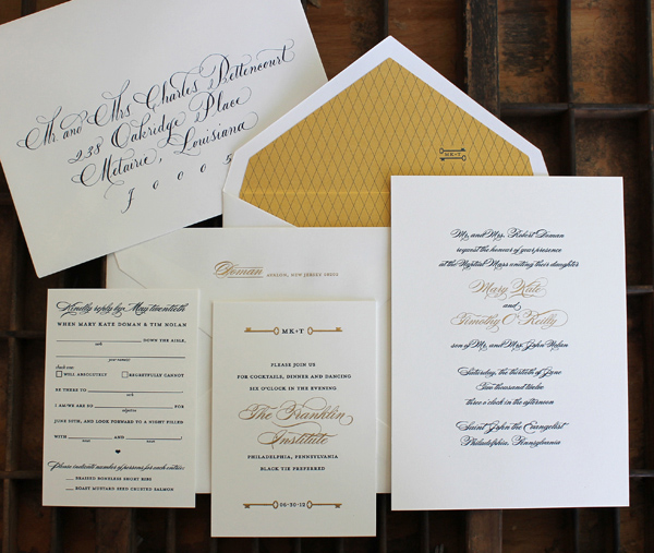 Elegant black, white and gold wedding invitation by Curious & Company Invitations