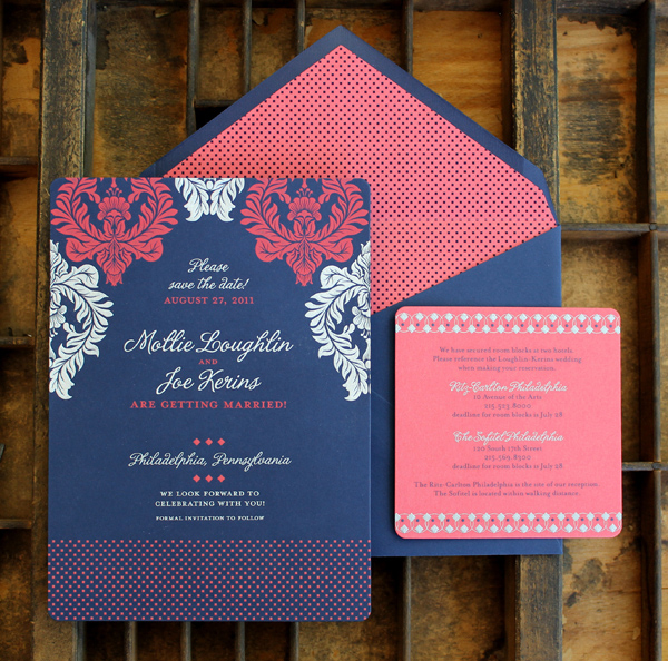 Vibrant navy, coral and white save the date by Curious & Company Invitations