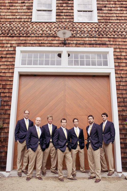 Groom and groomsmen wearing navy blazers and khakis - Photo by Emily Delamater