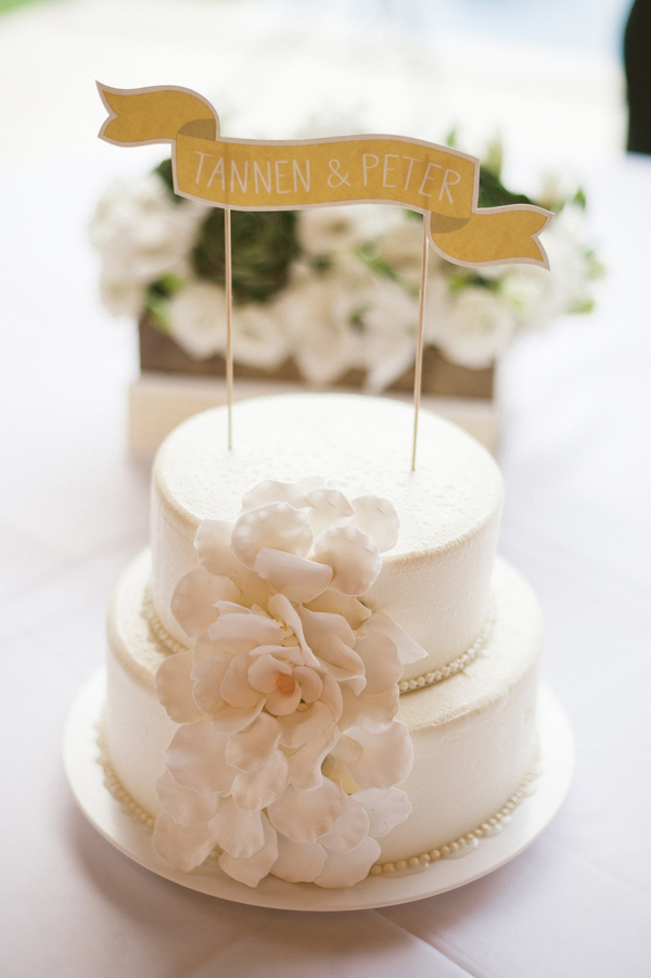 cake topper with couple's name on white wedding cake with floral decor, Photo by Jillian Mitchell Photography