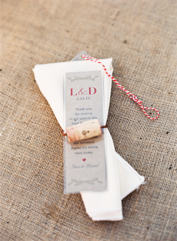 Creative bookmark favor secured by wine cork - Photo by Michelle Warren Photography