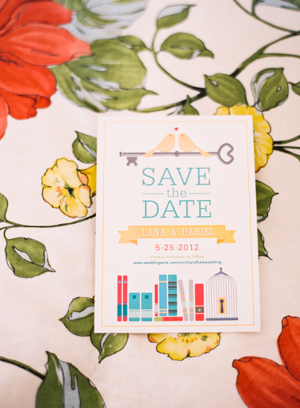 Cute and creative Save the Date featuring shades of yellow and aqua - Photo by Michelle Warren Photography