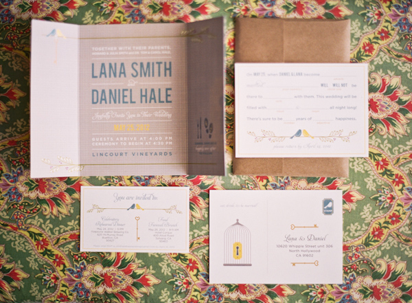 Modern and creative wedding invitation suite featuring bird and birdcage details - Photo by Michelle Warren Photography