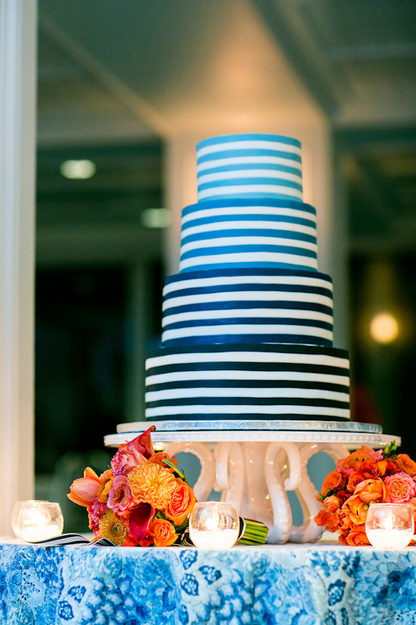 Blue and white striped, ombre wedding cake - Photo by Sarah Tew Photography