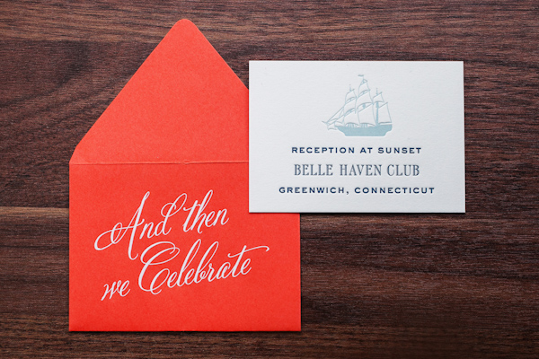 Nautical inspired wedding reception stationery with bright orange envelope - Photo by Sarah Tew Photography