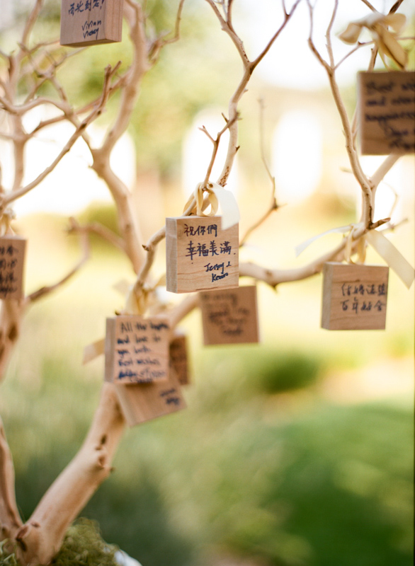 Tree with well wishes from wedding guests to the couple hanging on the branches - Photo by Sylvie Gil Photography