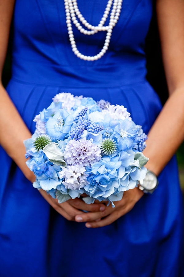 bright blue bridesmaid dress with light blue bouquet - preppy New York Sagamore resort wedding photo by New York wedding photographer Tracey Buyce