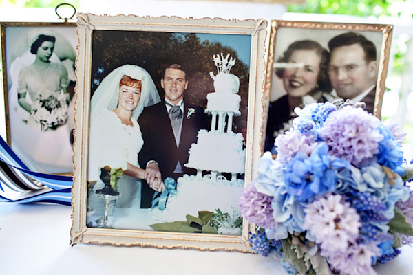 vintage photos of parents and grandparents weddings with blue and lavender flowers - preppy New York Sagamore resort wedding photo by New York wedding photographer Tracey Buyce