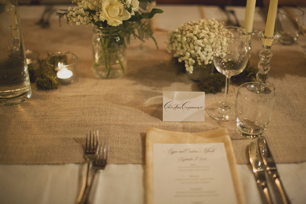 Elegant tabletop with burlap and cream decor details - Photo by Whitewall Photography