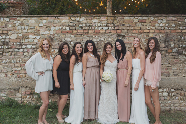 Beautiful bride and bridesmaids wearing neutral shades of blush, nude, white and black - Photo by Whitewall Photography