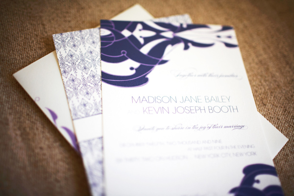 white and purple wedding invitation with modern designs - photo of wedding invitation designed by Wiley Valentine