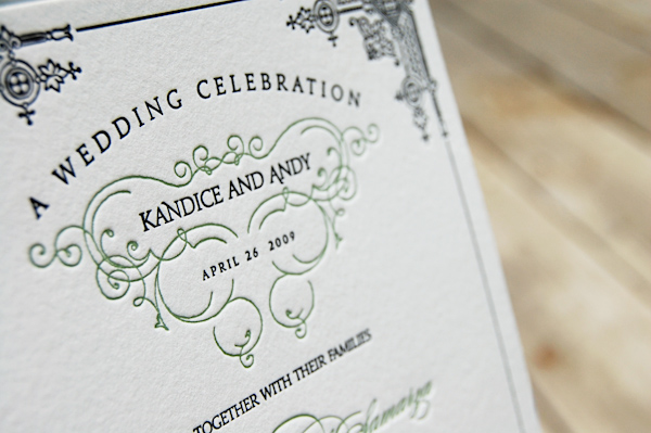 white formal style wedding invitation with green and black design - photo of wedding invitation designed by Wiley Valentine