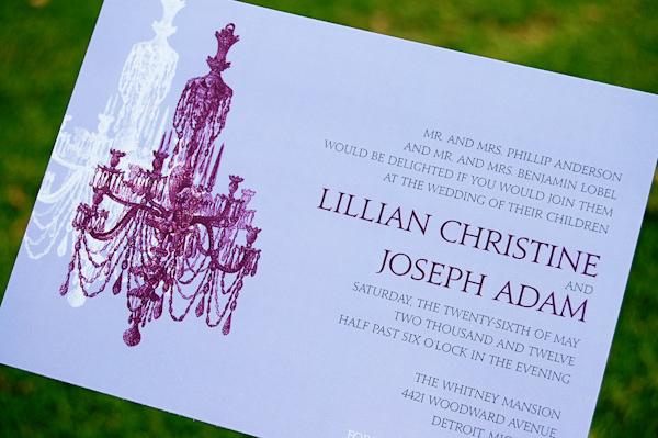 lavendar invitation with purple and white chandelier design and font - photo of wedding invitation designed by Wiley Valentine