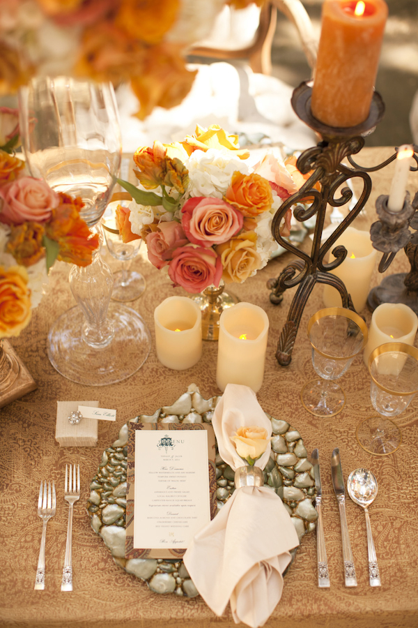 table setting with orange, champagne and tan flowers and candles - wedding decor inspiration shoot - wedding invitation designed by Zenadia Designs
