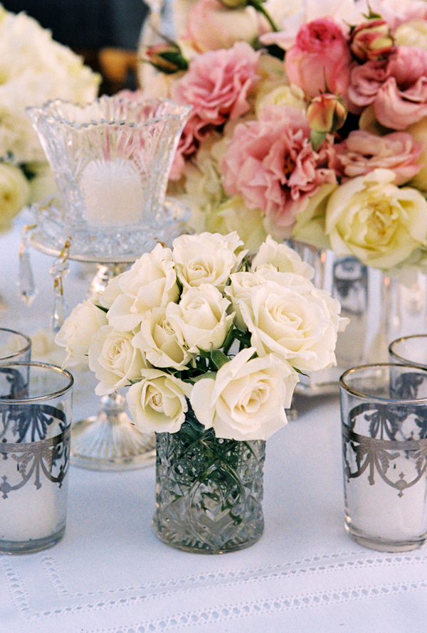 white, pink and yellow tabletop floral details wedding photo by Yvette