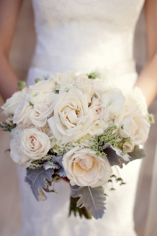 white rose bridal bouquet in vineyard wedding at Sunstone Winery, photo by Ashleigh Taylor Photography