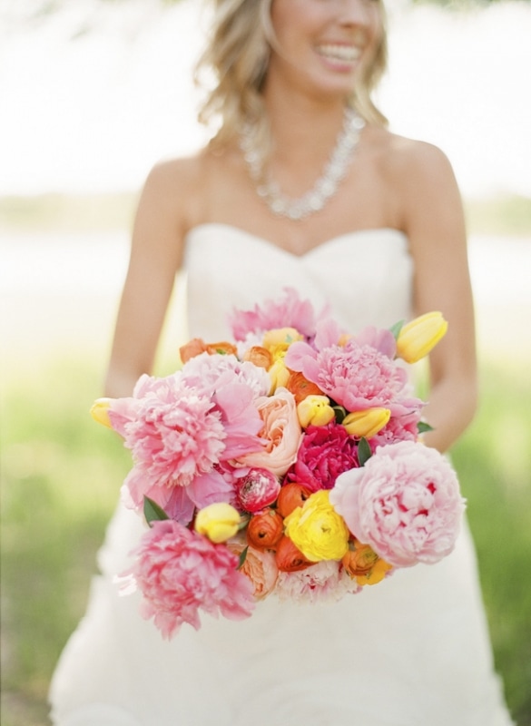 pink yellow and orange bouquet with peonies and tulips, photo by Taylor Lord Photography