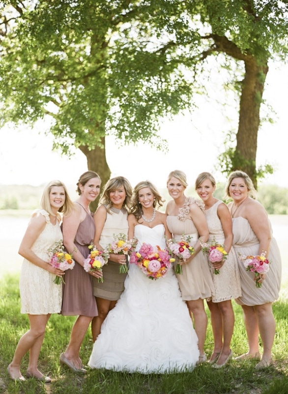 neutral bridesmaid dresses with bright bouquets, photo by Taylor Lord Photography