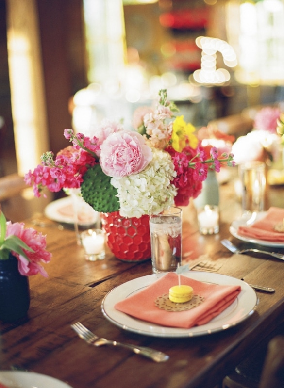 bright floral tabletop arrangements, photo by Taylor Lord Photography