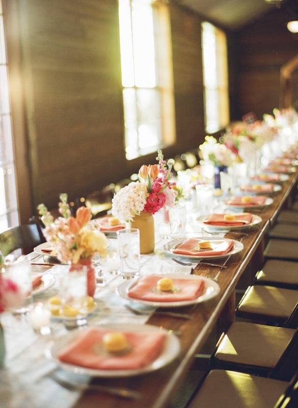 bright peach and pink table setting, photo by Taylor Lord Photography