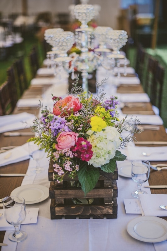 floral centerpiece in rustic wood crate, photo by The Oberports