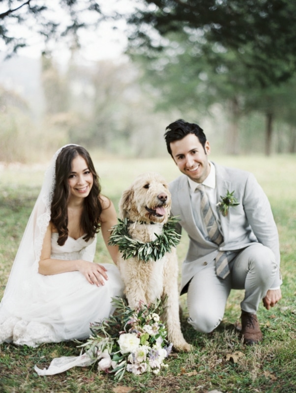 bride and groom with dog wearing garland, photo by Erich McVey Photography