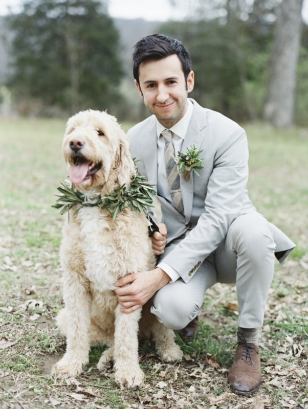 groom in gray suit with dog wearing garland, photo by Erich McVey Photography