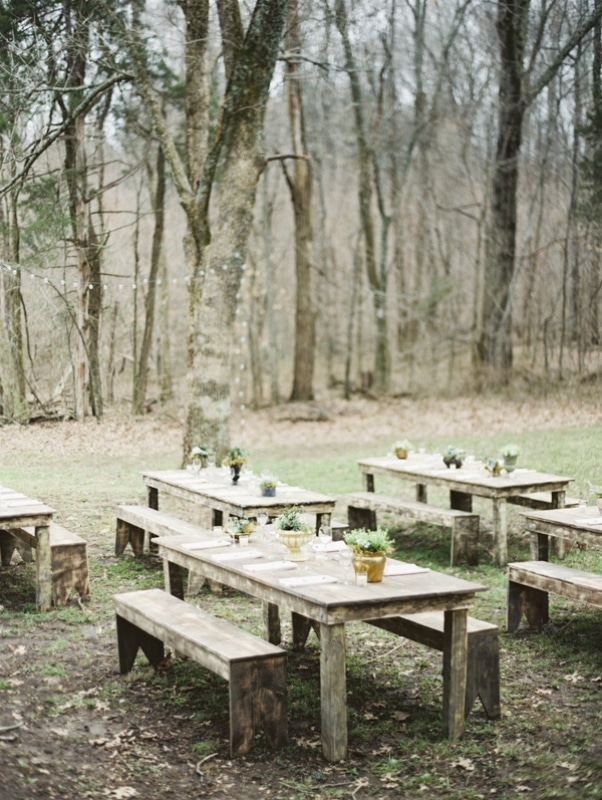 outdoor rustic table tops for wedding reception, photo by Erich McVey Photography