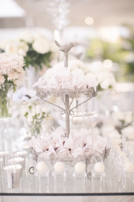 tiered silver stand holding confetti favors, photo by Melissa Jill Photography