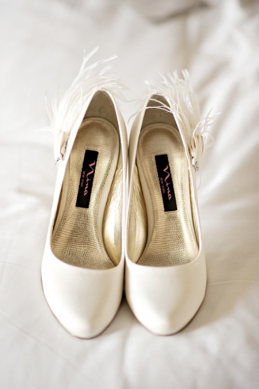 white bridal shoes with feathers, photo by Kristen Weaver Photography