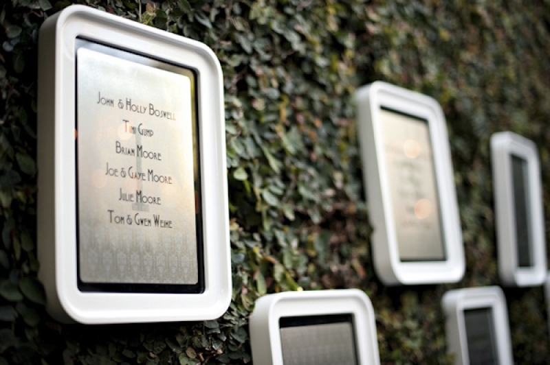 escort seating cards etched on glass frames, photo by Kristen Weaver Photography