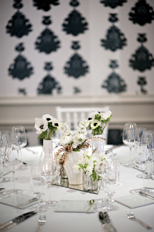 black and white table top with floral centerpiece, photo by Kristen Weaver Photography
