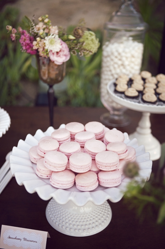 pink macaroons on white milk glass stands for dessert table, photo by Duke Photography